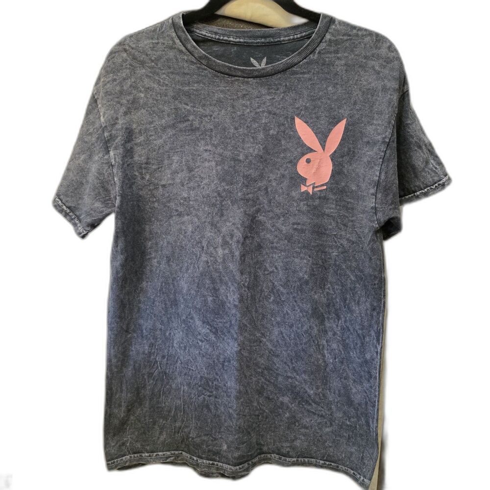Playboy Bunny Logo T Shirt Acid Wash Gray Repeat Spellout Y2K Style Streetwear M